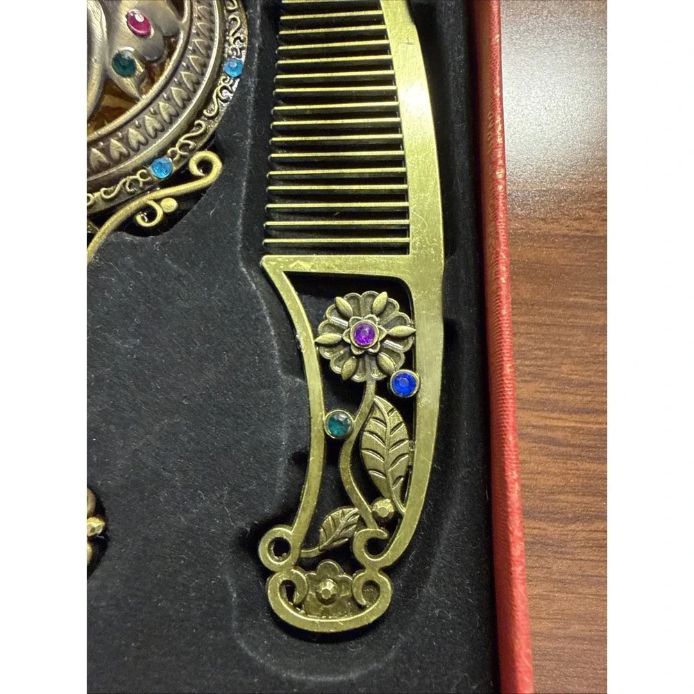 Vtg Style Hand Held Vanity Mirror Matching Comb Set Floral/Butterfly Rhinestone
